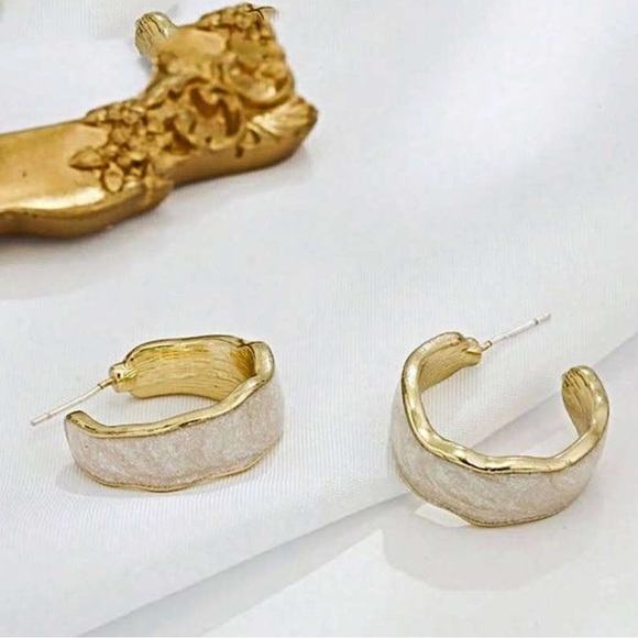 White Enamel Gold Hoops - Picture 5 of 11